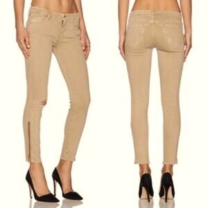 Mother Looker Zip Fray Blow Out Tan Knahi Mid Rise Skinny Leg Distressed Jean 24